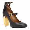 Black Genuine Leation Heels Alto Court Sapatos Golden Cut-Outs