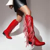 Femmes Tassel Western Cowboy Knee High Boots Ladies Pointe Pointe Toe Mid Heel Knight Boots Fashion côté Zipper Fringe chaussures