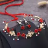 Ketting oorbellen set hoofdtekel hoofdstuk kroon bruiloft sieraden bruidsmeisje hoofdband met lint bruid haarband oorrang rood kristal parel