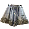 Damesjeans glanzende denim shorts dames 2023 zomer slijtage zware industrie tassel bead diamant ingebedde hoge taille wide-pije Jean