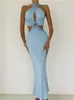 Lässige Kleider WJFZQM Frauen Club Party Backless Elegant Blue Fishtail Kleid 2023 Sommer Mode Halfter sexy Off Schulter Ruch Long