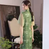 Vêtements ethniques Summer Satin Mid-Longle Green Cheongsam Fresh Literary Chinese Traditional Robe Qipao Jeune fille Style Abiyeler Elbiseler