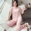 Women's Sleepwear Ruffle Lady Short Sleeve Pajamass Suit With Buttons Nightwear Satin Ice Silk 2PCS Shirt&Pants Thin Casual Loungewear