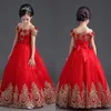 Eleganti ragazze di fiori di principessa rossa vestiti da spalla Applique Abiti da ballo Abito da ballo Abiti per adolescenti ragazze per bambini Flo2794