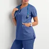 Women's Two Piece Pants Women Short Sleeve Scrub Tops Solid Nurse Uniform V-Neck Pocket Care Workers T-Shirt Tops Clinic Beauty Salon Working Clothing 230818