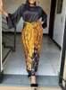 Tweede stuk jurk Afrikaanse geprinte zijde satijnen sets broek rok dames o-neck losse flare mouw en veter afdrukken rokken 2-koppig pak
