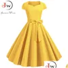 Grundläggande avslappnade klänningar Summer Solid Yellow Color 50s 60s Vintage Dres Short Sleeve Square Collar Elegant Office Party Midi Belt 2107 DHV6B