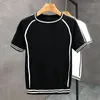 メンズTシャツエラスティックスリムニットトップスファッションパッチワークストライプニットティーサマーレジャーTシャツメンズストリートウェア半袖