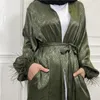 Etnisk klädfjäder Satin Eid Mubarak Open Abaya Women Muslim Cardigan Maxi Dresses Kimono Dubai Kaftan Arab Islamic Ramadan Jilbab