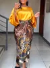 Zweiteiliger Kleid afrikanische gedruckte Seide Satins Sets Hose Rock Damen O-Neck losen Flare-Ärmel und Schnürdruckröcke 2 Piece Anzug