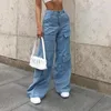 Pantalon femme couleur unie jean ample taille haute décontracté élégant sauvage jambe large Shopping tenue quotidienne multi poches pantalon