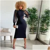 Basic Casual Dresses Mesh Puff Long Sleeve Bodycon Midi Women High Neck Sexy Clubwear Split Pencil Black Slim Womens Party Robe 22 Dhmcq