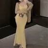 Casual jurken 2023 Sexy u kraag geribbeld gebreide katoenen sling maxi lange hermid mermaid jurk dames mouwloze stretch basic bodycon fishtail gewaad