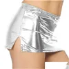 Skirts Women Fashion Micro Skirt Shiny Metallic Faux Leather Split Night Club Pole Dancing Low Waist Elastic Waistband Miniskirts Dr Dhtka