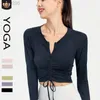 2023 Desginer Al Yoga T Kort topplång ärmad kvinnlig smal halva blixtlåset tätt passande dragkondens topp sexig öppen navel pilates sport t-shirt