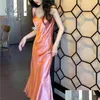 Grundläggande avslappnade klänningar ordi sommar kvinnor lång satin slip klänning spaghetti rem party vintage rosa guld svart silke sexig maxi 210729 d dhrqa