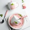Mugs Cartoon Cute Strawberry Ceramic Water Cups Girly Heart Spoon With Cover Large Capacity Creative Breakfast Cup Drinkware