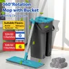 MOPS Flat Squeeze Mop med snurrhink Handfri Wringing Floor Cleaning Microfiber Mop Pads våt eller torr användning på lövlaminat 230818