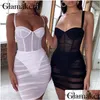 Grundläggande avslappnade klänningar Glamaker Transparent White Bodycon Women Sexy Mesh Black Short Club Elegant Summer Party Mini Night Dress FES DHC01