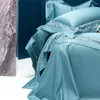 Ensembles de literie 100S coton égyptien creux large bord broderie luxe 4 pièces housse de couette avec drap plat taie d'oreiller Graphite bleu