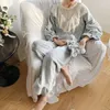 Women's Sleepwear Vintage Winter Thick Flannel Lace Pajamas Sets Elegant Female Long Sleeve Striped Suits Present Hair Band