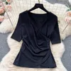 Zweiteiliger Kleid neue Mode französische Anzüge Frauen gegen Nacken plissierte Kurzarm T-Shirt Tops High Taille Mesh Rock Zweiteiler Set276b