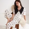 Women's Sleepwear QSROCIO Spring Summer Imitation Silk Pajamas Fashion Black Cherry Print Short Sleeve Cardigan Pants Home Clothing Set