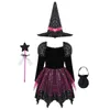 Cosplay Kid Girls Halloween Witch Costume Sparkly Silver Stars Printed Carnival Dress with Pointed Hat Wand Up Clothes 230818