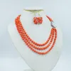 Necklace Earrings Set High Quality. 3-row 6MM Natural Orange Coral Necklace/earring Set. European Women's Wedding Jewelry