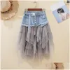 Röcke Sommer Denim Saia Jeans Rock Frauen Irregar High Taille Meshwork Lange plisse