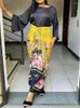 Zweiteiliger Kleid afrikanische gedruckte Seide Satins Sets Hose Rock Damen O-Neck losen Flare-Ärmel und Schnürdruckröcke 2 Piece Anzug