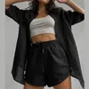 Women's Sleepwear Summer 2 Pcs With Shorts Long Sleeve Ladies Pajama Set Solid Can Be Worn Outside Single Breasted Pijama Suit For Female