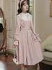 Lässige Kleider japanischer Lolita -Stil Frühling Herbst Frauen Midi Kleiderstand Halsband Rosa Rüschen Prinzessin Elegant Feminine Chiffon