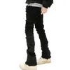 Erkekler Kot Pantolon, İnce Fit Yırtık Hop Style Orta Düz Düğmesi için Siyah Street Giyim Denim Pantolon Bozluk Kenar Düz Bacak