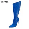 Stivali Eilyken Street Street Street Pointed Women Women Kneehigh Mirror Pattente Strippers Sexy Runway Party Stiletto High Heel Shoe 230818