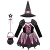 Cosplay Kid Girls Halloween Witch Costume Sparkly Silver Stars Tryckt karnevalsklänning med spetsig hatt trollkläder 230818