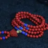 Strand Fashion Synthetic Red Cinnabar 6mm 108 Pärlor Multilayer Armband Blessing Pendant med Blue Spacer B806