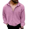 Chemises décontractées pour hommes Amazon Beautiful Cardigan en lin à quatre boutons Chemise à manches longues à revers uni