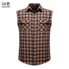 Men's Casual Shirts Flannel Plaid Sleeveless Shirt Double Pocket Cowboy Button Down Men Cotton Plus Size Vest Checkered Top