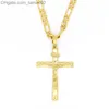 Pendant Necklaces Real 10k Yellow Solid Fine Gold GF Jesus Cross Crucifix Charm Big Pendant 5535mm Figaro Chain Necklace Z230819