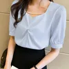 Polos femininos de verão Mulheres tops contas de blusa de chiffon de decote em VLusas Mujer de Moda 2023 Verano Bloups de manga curta F459