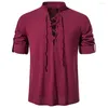 Men's Casual Shirts Men Solid Color Tops Vintage-inspired Slim Fit With Stand Collar Lace-up Detailing For Stylish Look