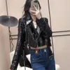 Kvinnorjackor Fashion Sequin Faux Leather Jacket Kvinnor Autumn Pu Leather Shiny Ladies Coats Casual Party Club Crop Jackets Female Outwear 230818