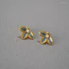 Stud Earrings Simple Fashion Temperament Handmade Enamel Leaf Pearl 925 Silver Needle Sweet