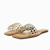 Guldkvinnor S Sandaler Zaza Flats Rhinestones Summer Rounded Toe Slippers Kvinnliga Casual Beach Flip Flops Outdoor Flat Shoes Rhinetone Slipper Caual Flop Shoe