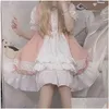 Basis Casual jurken Qweek Kawaii Lolita Maid-jurk Roze Goth Gothic Birthdic Birthdic Puff Sleeve Japanse Harajuku Ruffle Ruffe Lace-Up S DHQYM