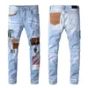 Ny ankomst Men's Blue Slim Fit Streewear Fashion Distressed Skinny Stretch Paited Printing Ribs Patchwork Ripped Jeans 28-40