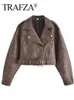 Kvinnorjackor Trafza Female Fashion Leather Jacket Bomber Belt Gradient Washed Coats Vintage Slå ner Collar Dragkedja Kortrock 230817