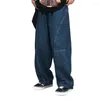 Heren jeans ademende mannen broek patchwork vintage vracht losse wide been broek met diepe kruis hiphop streetwear
