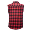 Men's Casual Shirts Flannel Plaid Sleeveless Shirt Double Pocket Cowboy Button Down Men Cotton Plus Size Vest Checkered Top